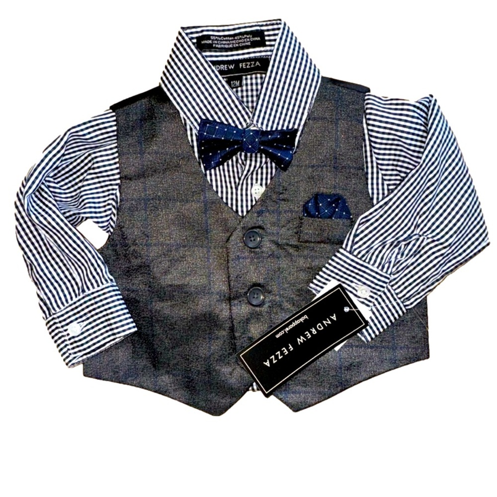 NWT Adorable Andrew Fezza, infant boy set vest, dress shirt, bow tie